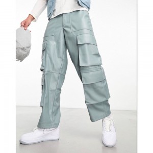 leather look cargo pants in blue