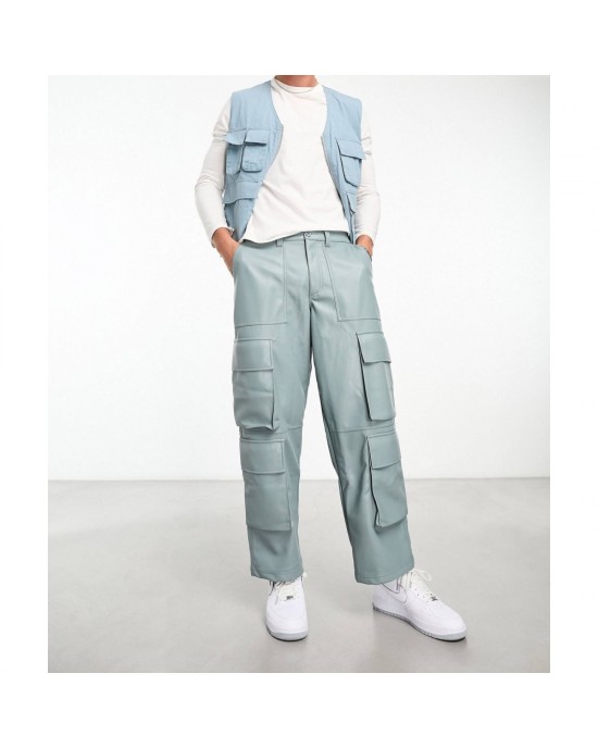 leather look cargo pants in blue