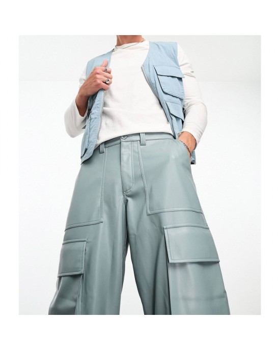 leather look cargo pants in blue