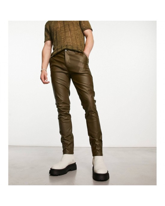 leather look skinny trousers in khaki