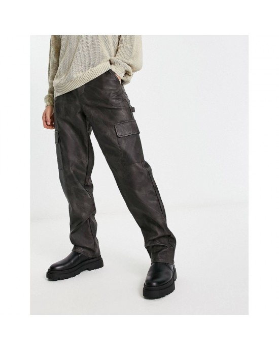 relaxed cargo trousers in washed leather look