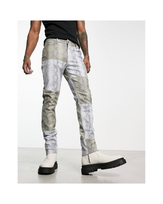 skinny jeans in gray snake print croc leather look with contrast panels