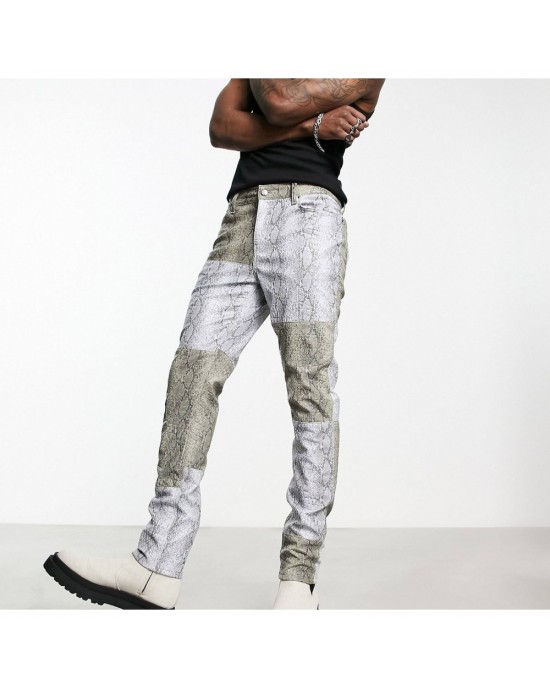 skinny jeans in gray snake print croc leather look with contrast panels