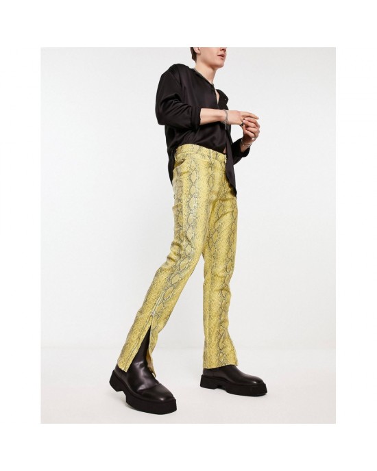 skinny leather-look pants in yellow snake print with zip detail