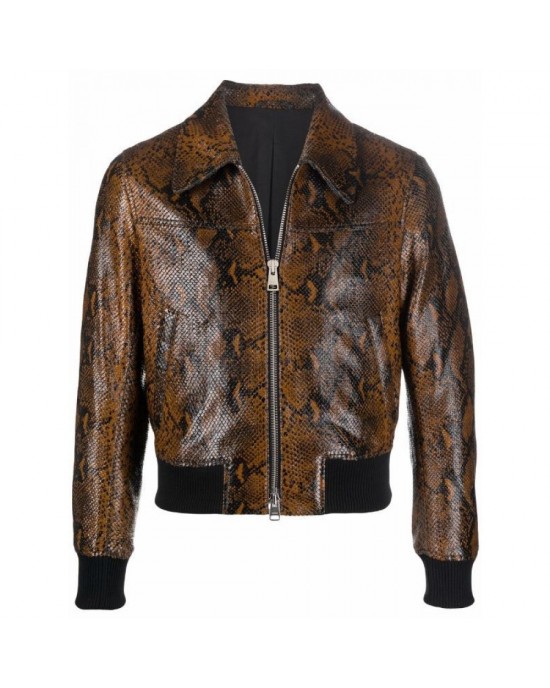 stylish snakeskin effect zip-up leather jacket