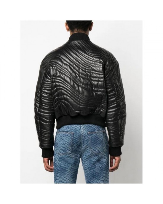 trendy stripe-quilted leather bomber jacket