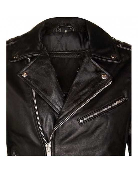 Leather Retro Biker Jacket with Fringe Trim