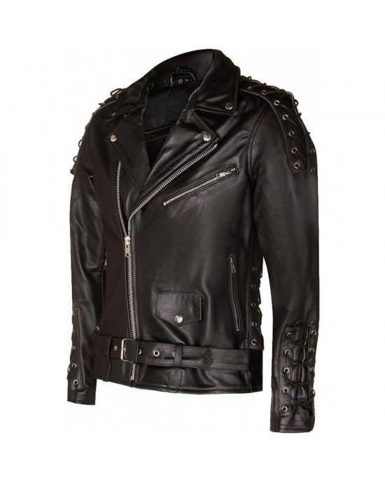 Leather Retro Biker Jacket with Fringe Trim