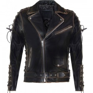 Leather Retro Biker Jacket with Fringe Trim