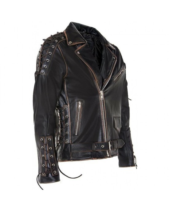 Leather Retro Biker Jacket with Fringe Trim