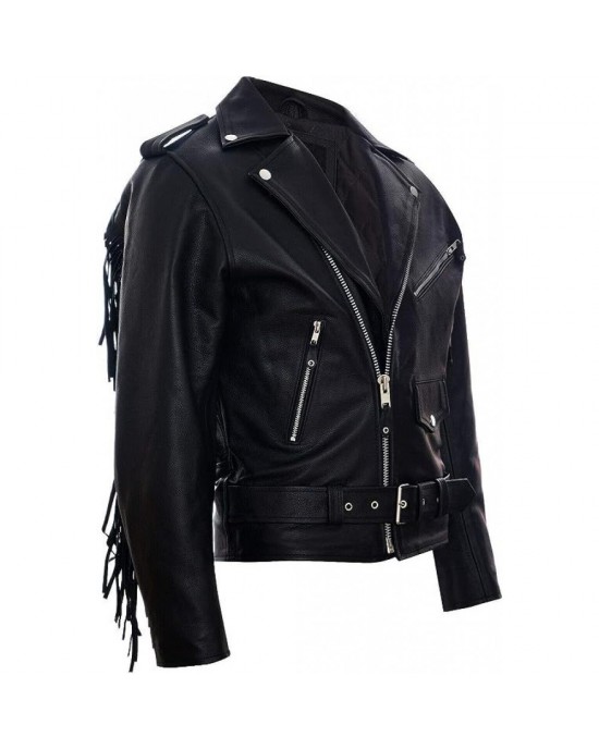 Leather Retro Biker Jacket with Fringe Trim