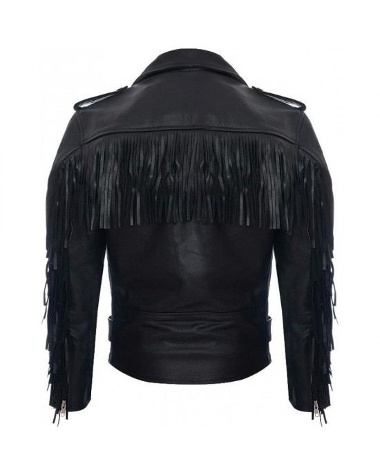 Leather Retro Biker Jacket with Fringe Trim