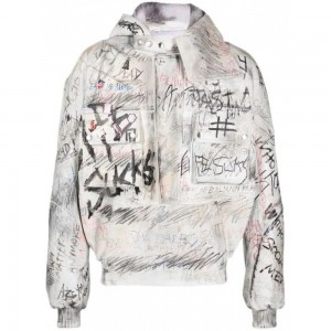 graffiti-print aviator leather jacket