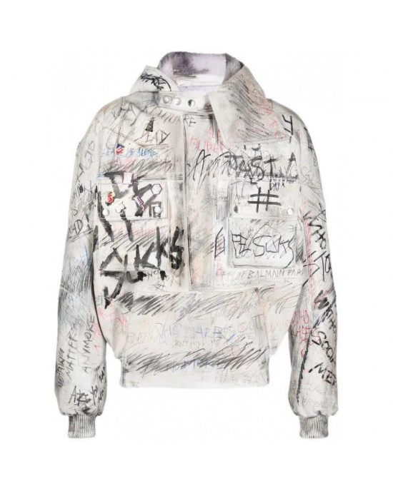 graffiti-print aviator leather jacket