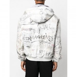 graffiti-print aviator leather jacket