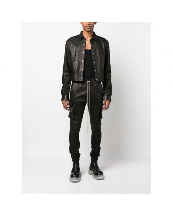 front press-stud fastening leather jacket