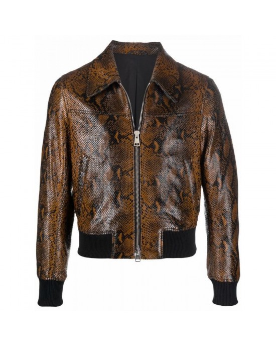 stylish snakeskin effect zip-up leather jacket