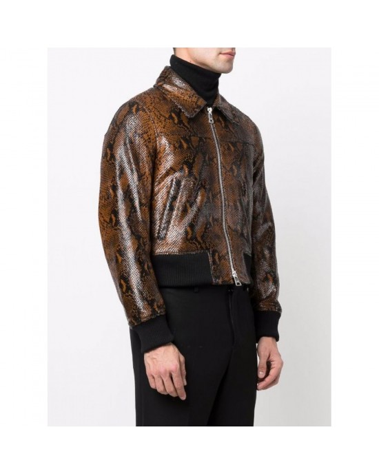 stylish snakeskin effect zip-up leather jacket