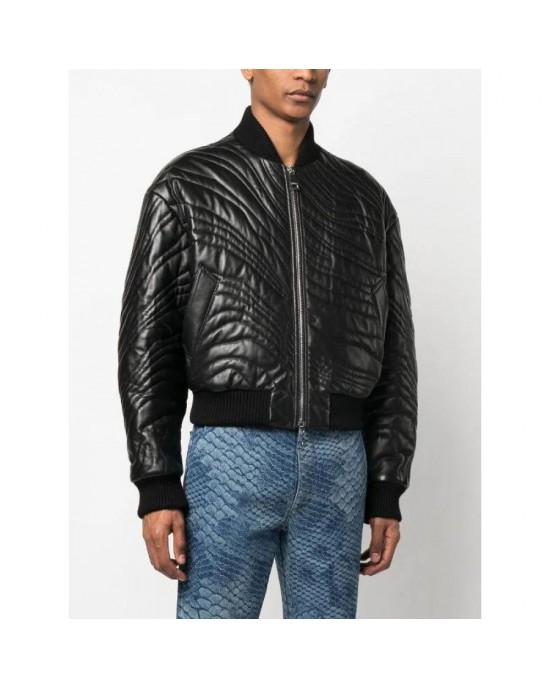 Trendy stripe-quilted leather bomber jacket