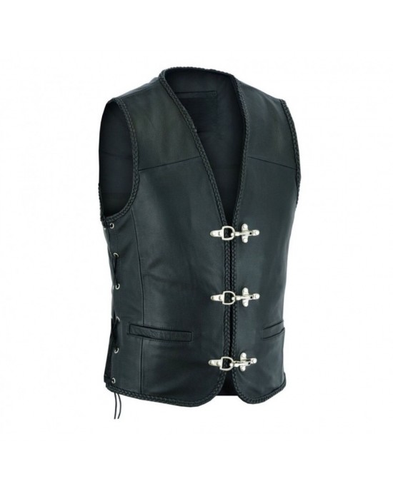 Plain Mens Leather Waistcoat Motorcycle Biker Vest Black with Hooks