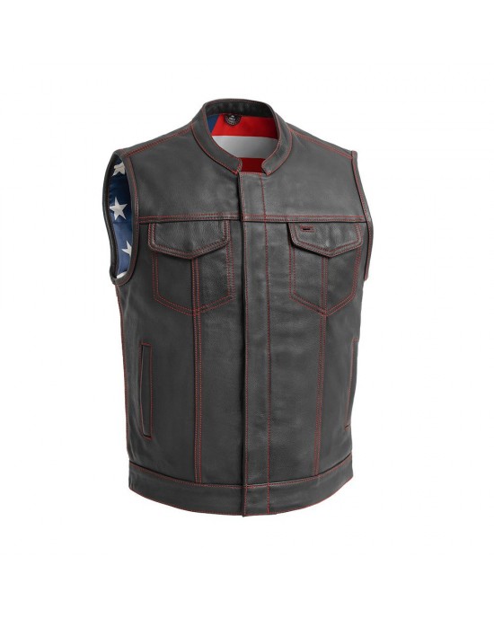 Men's Leather Motorcycle Leather Vest - Red Stitch