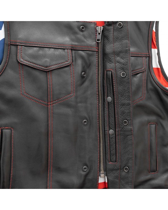 Men's Leather Motorcycle Leather Vest - Red Stitch