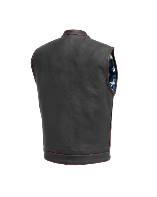 Men's Leather Motorcycle Leather Vest - Red Stitch