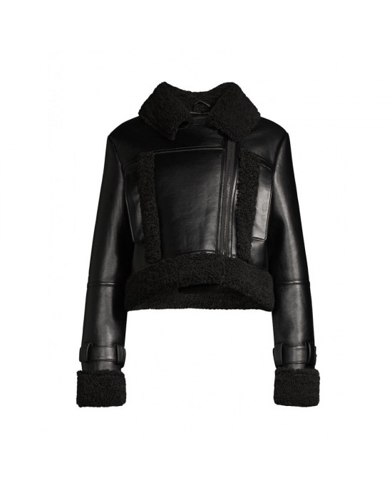 black Leather & Faux Shearling Crop Jacket