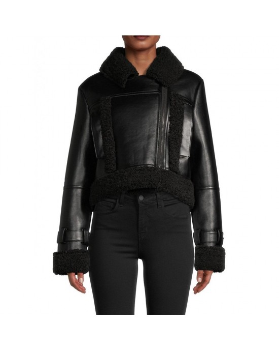 black Leather & Faux Shearling Crop Jacket