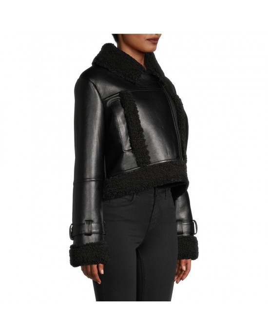 black Leather & Faux Shearling Crop Jacket