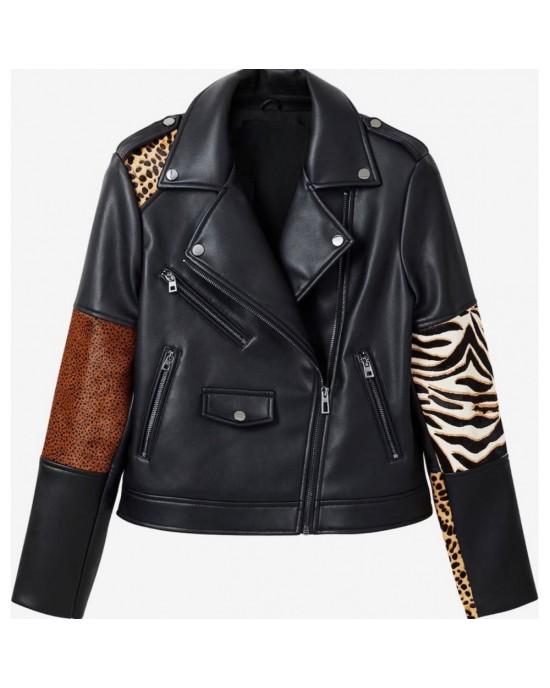 womens black printed pure leather jacket