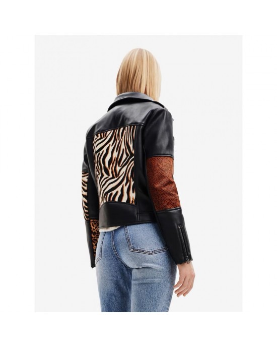 womens black printed pure leather jacket