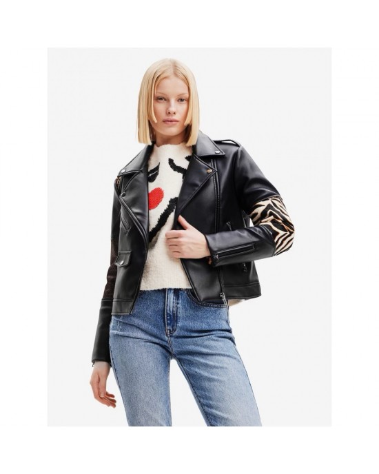 womens black printed pure leather jacket