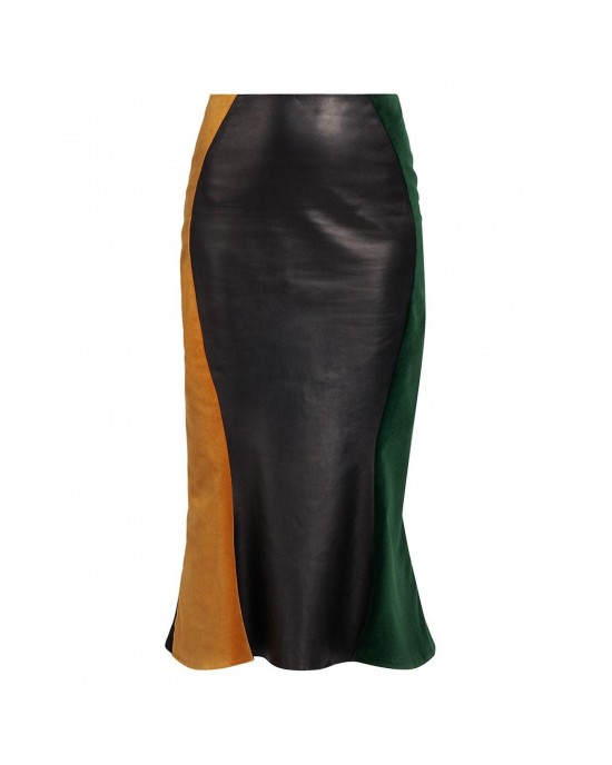 Paneled Leather Midi-Skirt