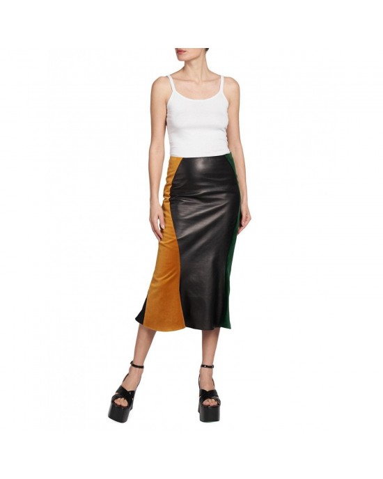 Paneled Leather Midi-Skirt