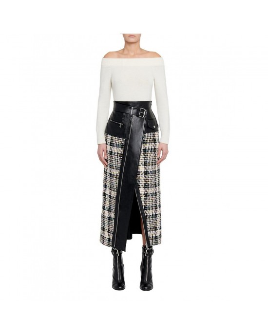 Leather & Tweed Midi-Skirt