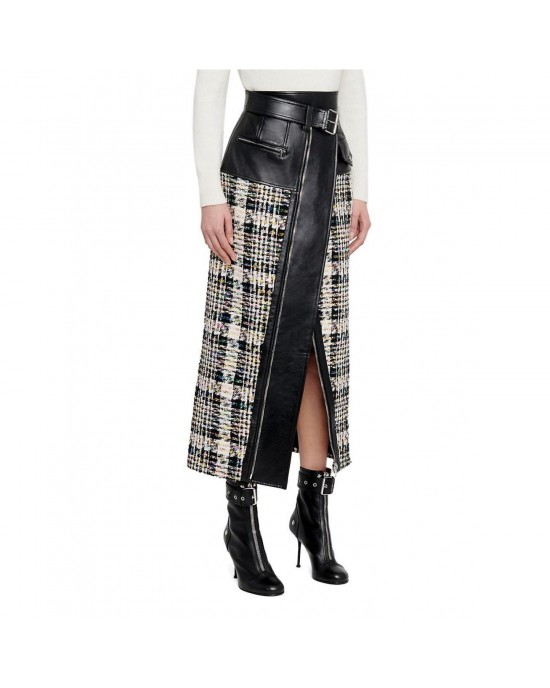 Leather & Tweed Midi-Skirt